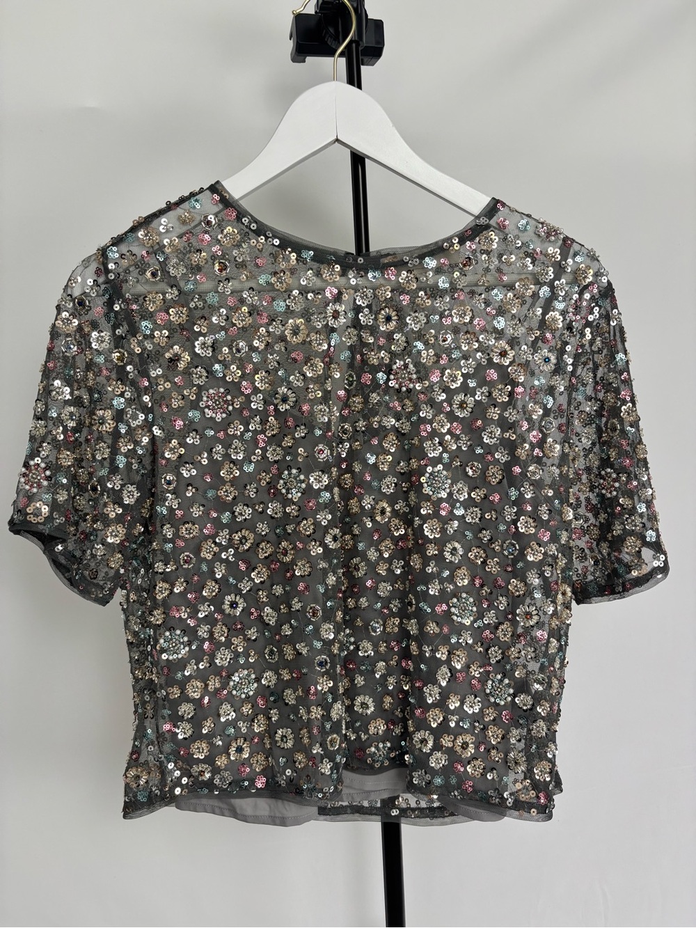 LOFT Gray Sheer Sequin Floral Crop Top with Cami underneath
